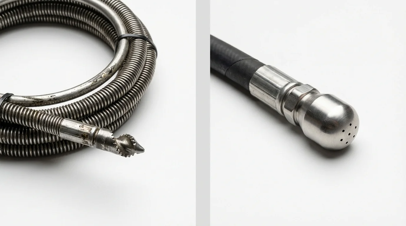 Drain snake cable and hydro jetting nozzle used for drain cleaning in Sparks, GA