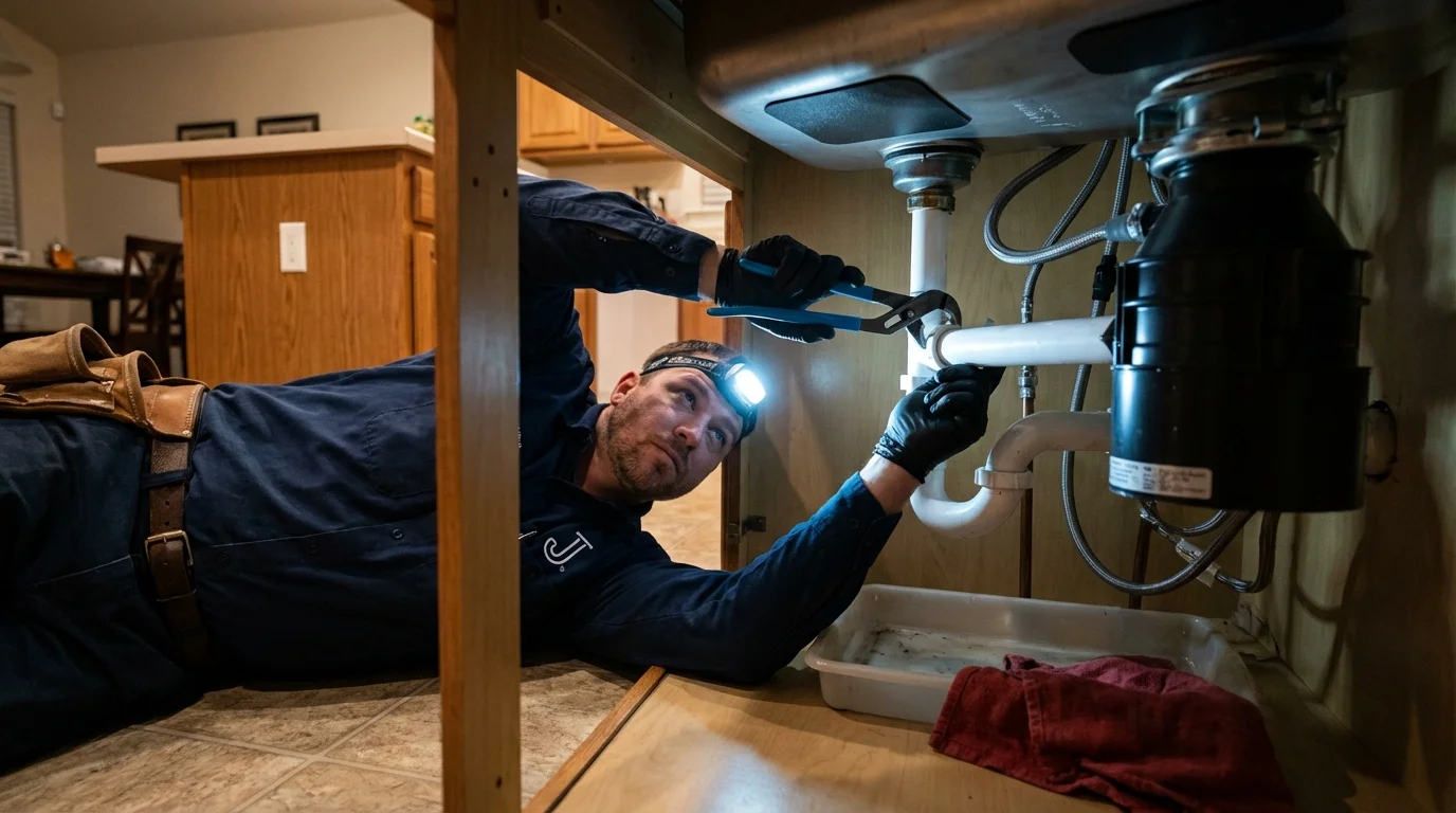 P-trap and supply line connections under a kitchen sink showing a common leak point in Sparks, GA